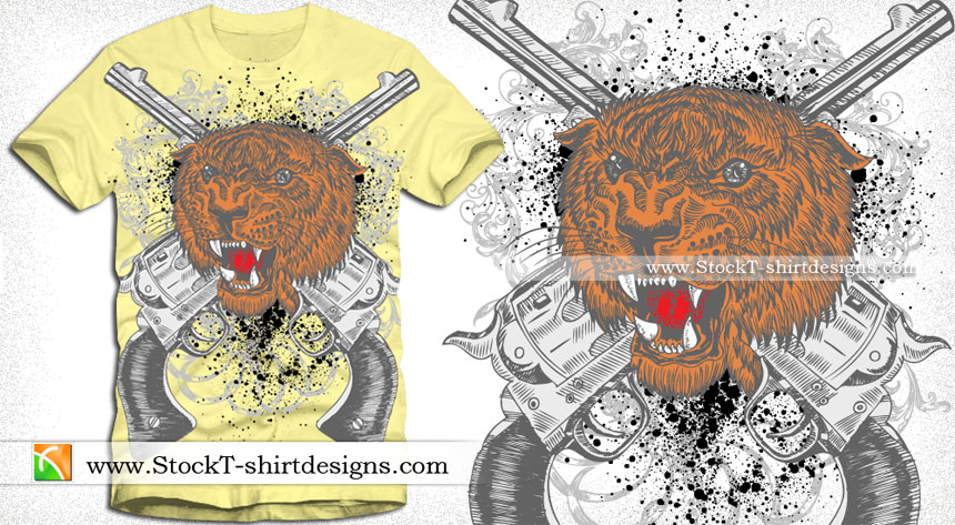 Tiger Head and Crossed Guns Vector Art T-Shirt Design