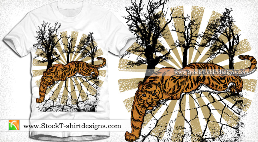 Tiger with Tree and Sunburst Vector T-shirt Illustration