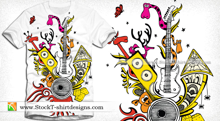 Vector Tee Design with Cute Funny Cartoon Animals and Guitar