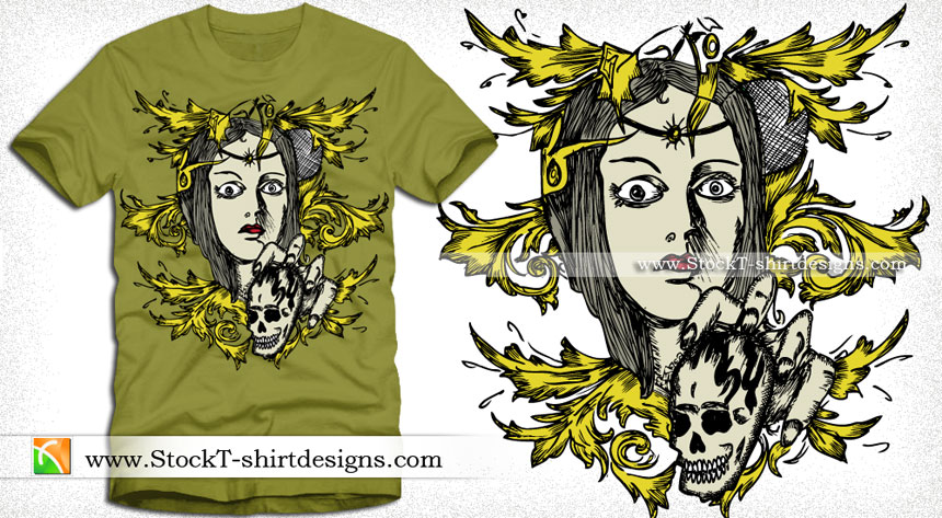 Vector Tee Design with Woman, Skull and Floral