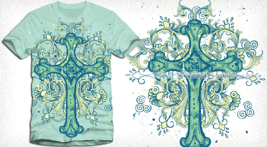 Vector Cross T-shirt Design with Floral Ornaments