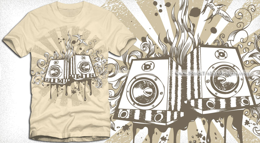 Vector Music, Loudspeaker T shirt Design with Floral Graphics