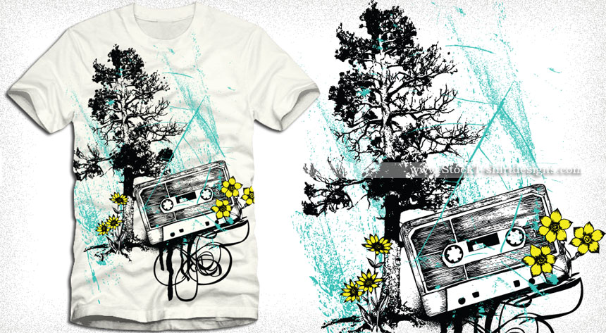 Vector Music T-shirt Design with Cassette, Tree and Flowers