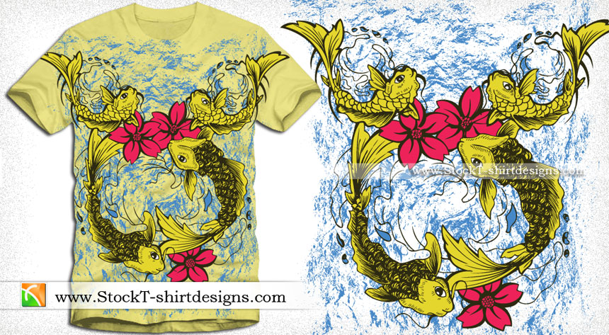 Vector T-shirt Design with Fish and Flowers