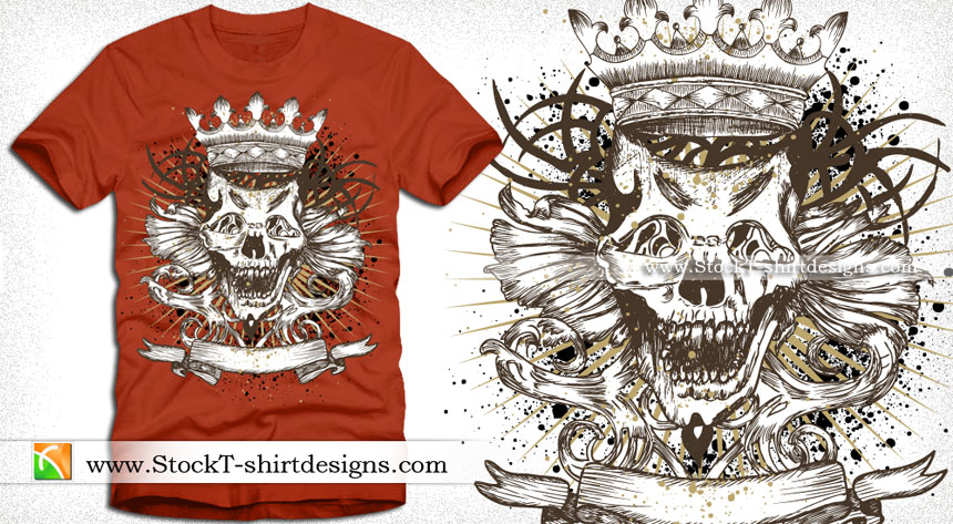 Vector T-shirt Design with Skull, Crown and Ribbon