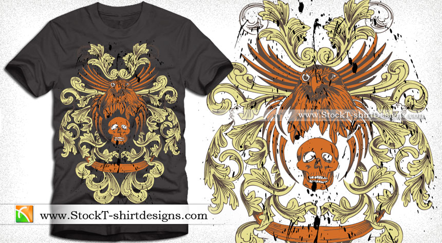 Vector T-shirt Design with Eagle, Skull and Floral