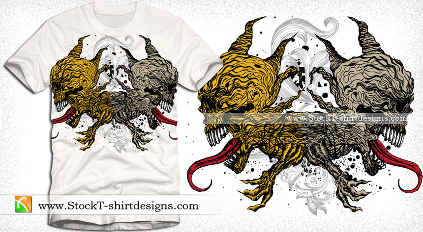 Vector T-shirt Design with Demon Skull and Floral