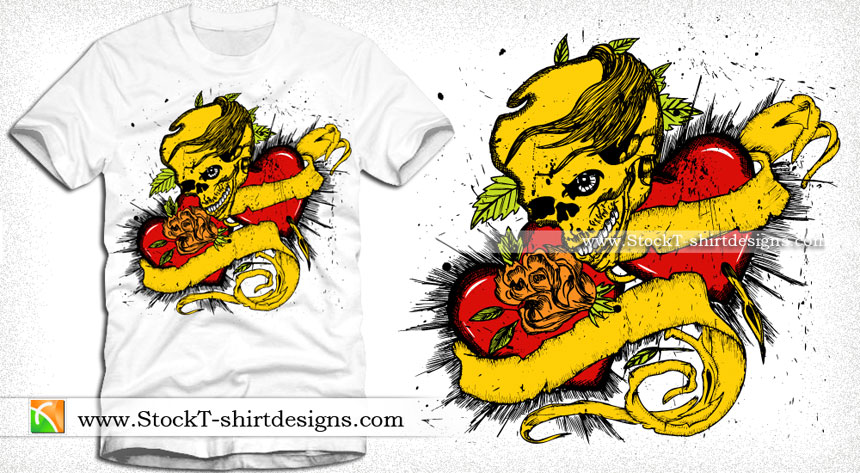 Vector T-shirt Design with Skull, Scroll and Heart