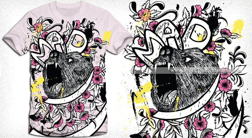 Vector T-shirt Design with Bear and Flowers