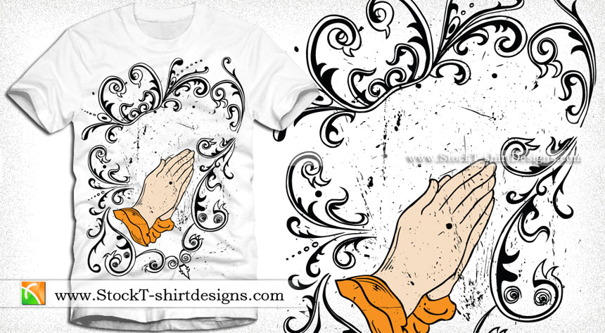 Vector T-shirt Graphic Design with Preying Hands and Floral