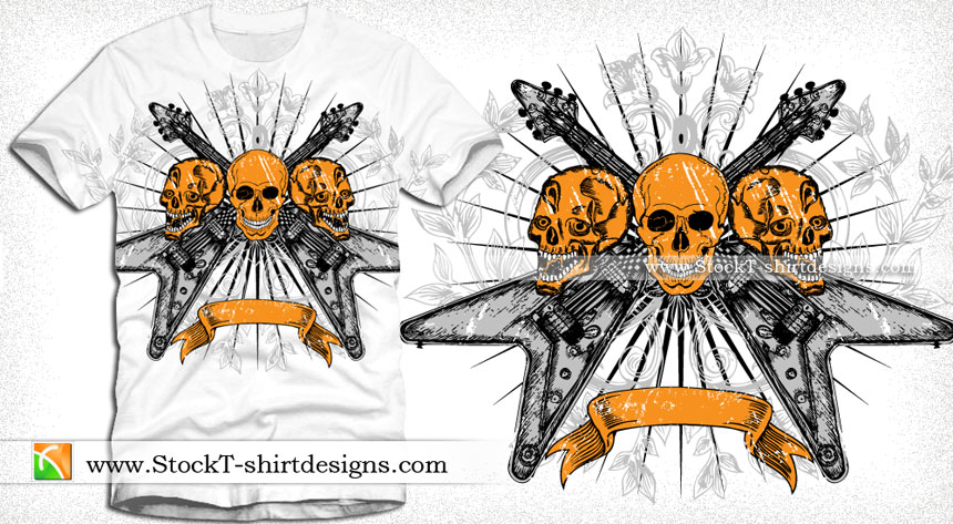 Vector Tee Design with Skull, Guitar, Floral and Banner