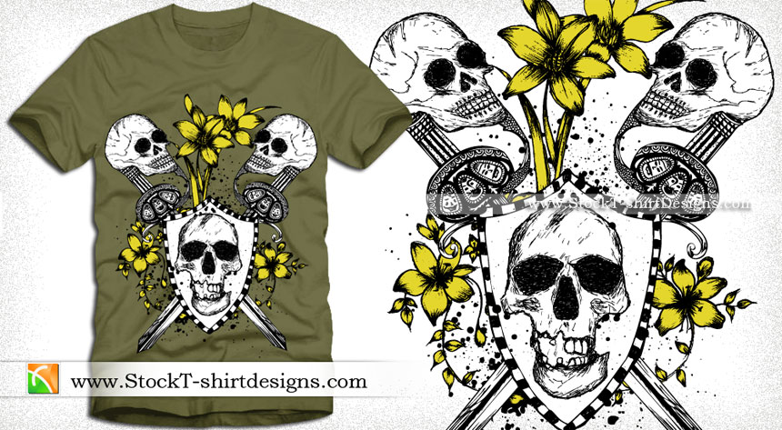Vector Tee Design with Skulls, Shield, Sword and Flowers