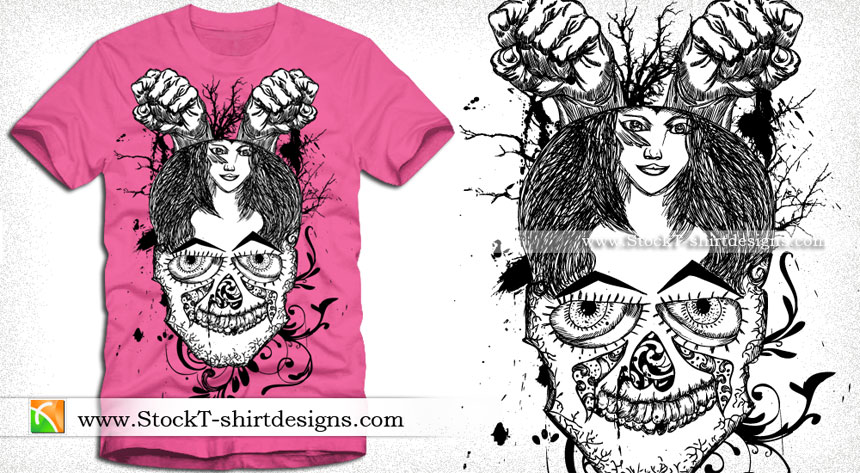 Vector Tee Design with Skull, Girl, Floral and Fists
