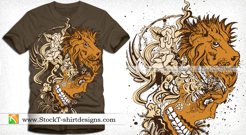 Vector Tee Graphics with Lion Head, Skull and Flowers