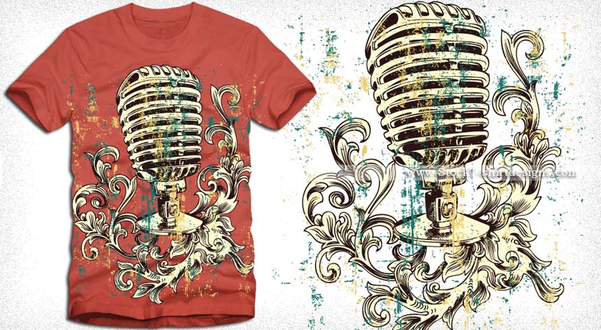 Vector Vintage Microphone with Floral Ornaments T-shirt Design