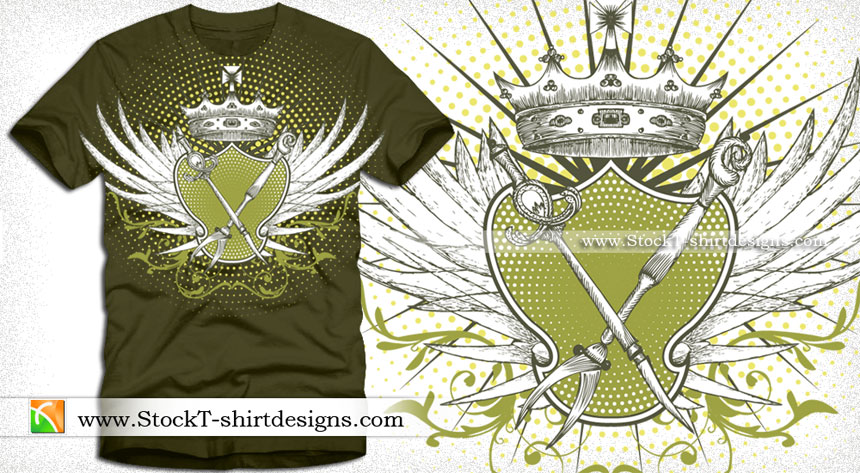 Vector Illustration of Winged Shield with a Crown T-shirt Design