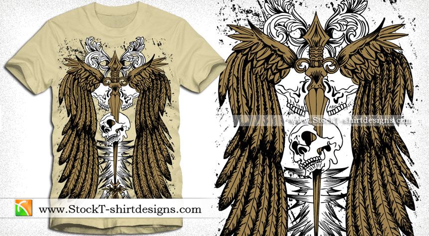 Vector Wings T-shirt Design with Skull and Sword