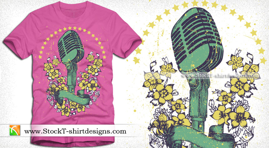 Vintage Music Vector T-shirt Design with Microphone and Flowers