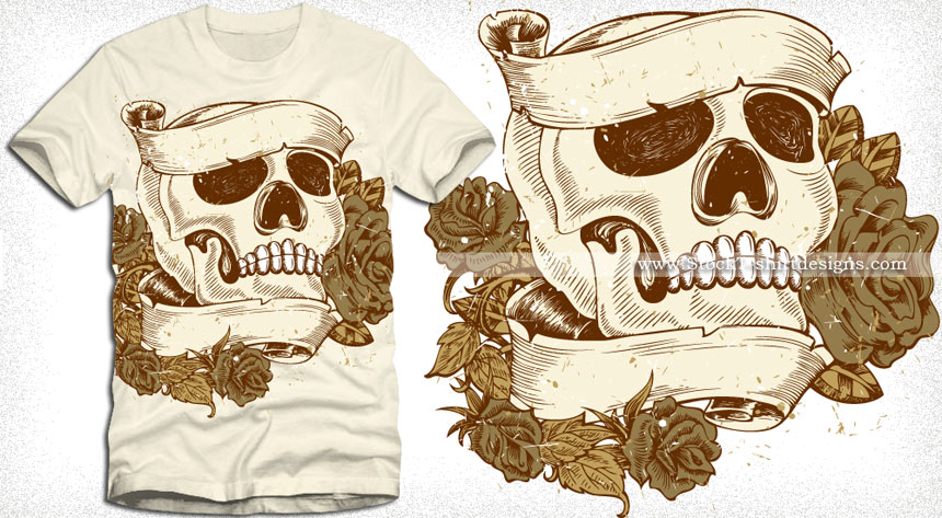 Vintage Skull with Roses and Banner Vector T-shirt Design