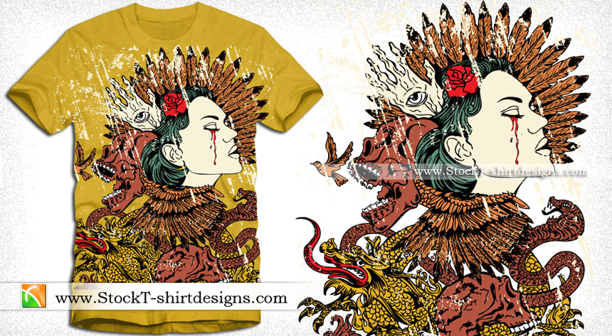 Vintage T-shirt Design with Woman, Skull, Snake and Dragon