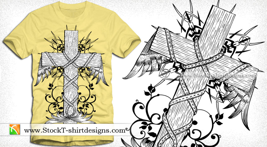 Vector Vintage Winged Cross with Floral T-shirt Design