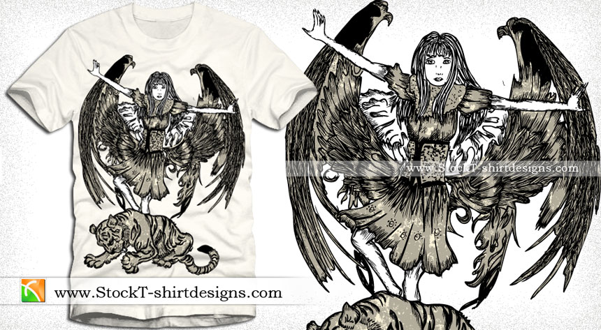 Vector T-shirt Designs with Winged Girl and Tiger