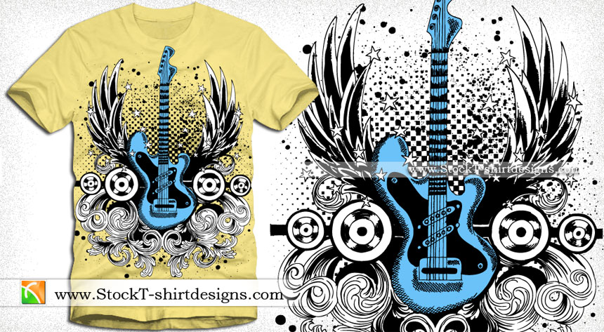 Winged Guitar with Floral and Speakers Vector Tee Design