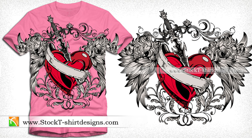 Vector Winged Heart with, Sword and Ribbon T-shirt Design