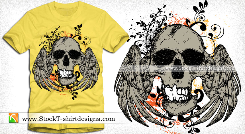 T-shirt Design with Winged Skull Vector Illustration