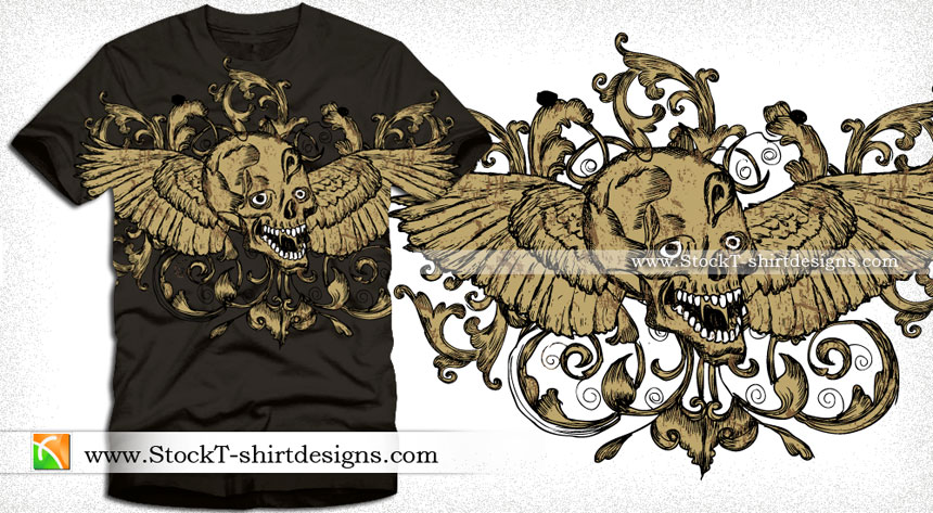 Vector Shirt Design with Winged Skull and Flowers