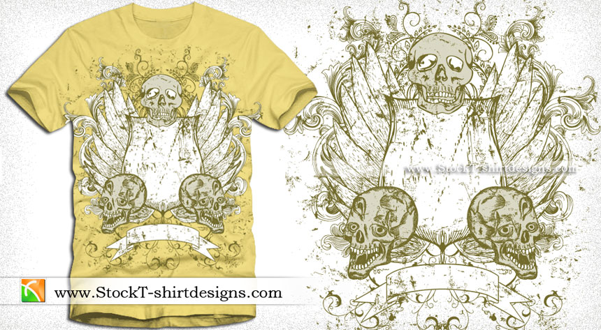 Vector Tee Design with Skulls, Shield, Banner and Wings