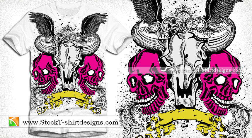 Vector T-shirt Design with Skulls, Scroll and Wings
