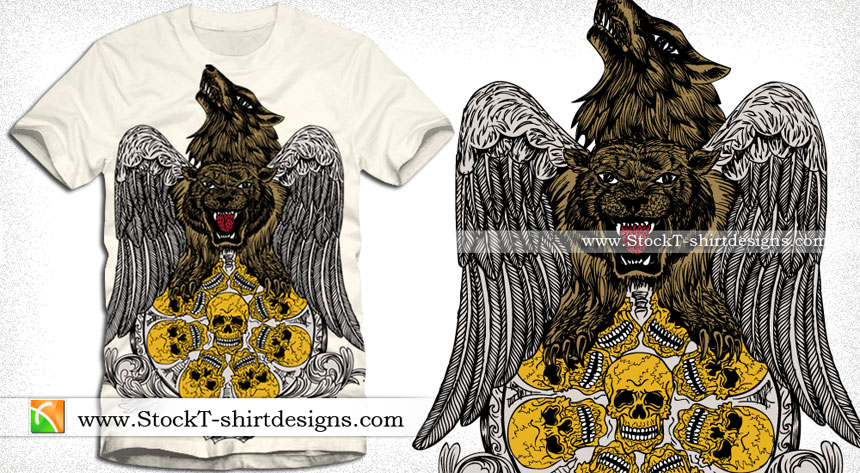 Vector Tee Design with Wolf, Tiger, Wings and Skull