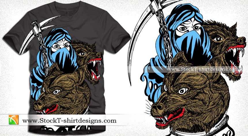 Woman with Axe and Wolf Vector T-shirt Illustration Design